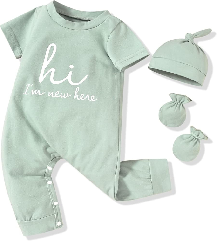 HINTINA Newborn Baby Boy Romper Coming Home Outfits Letter Printed Jumpsuit Hat Glove Outfits | Amazon (US)