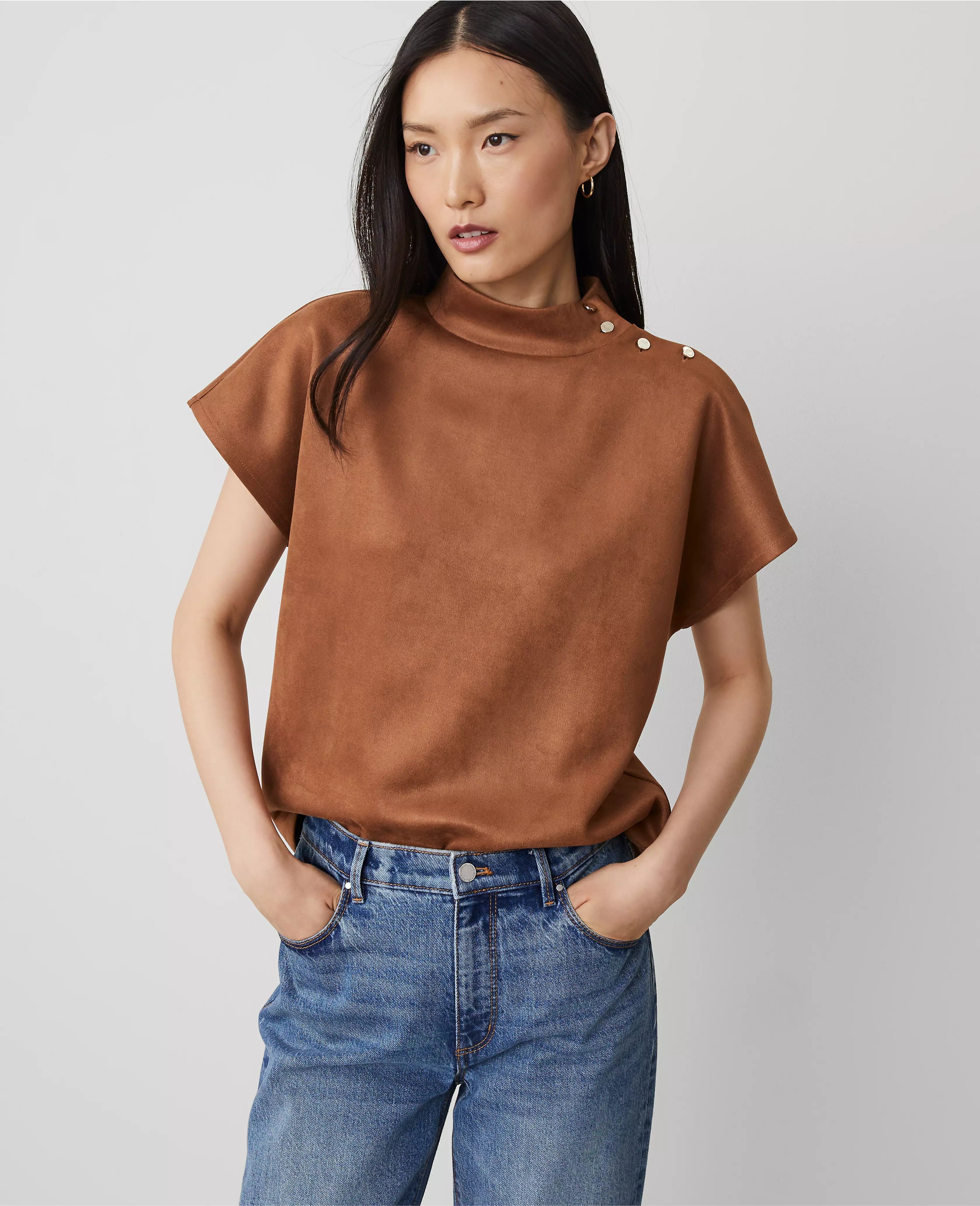 Faux Suede Shoulder Button Mock Neck Top | Ann Taylor (US)