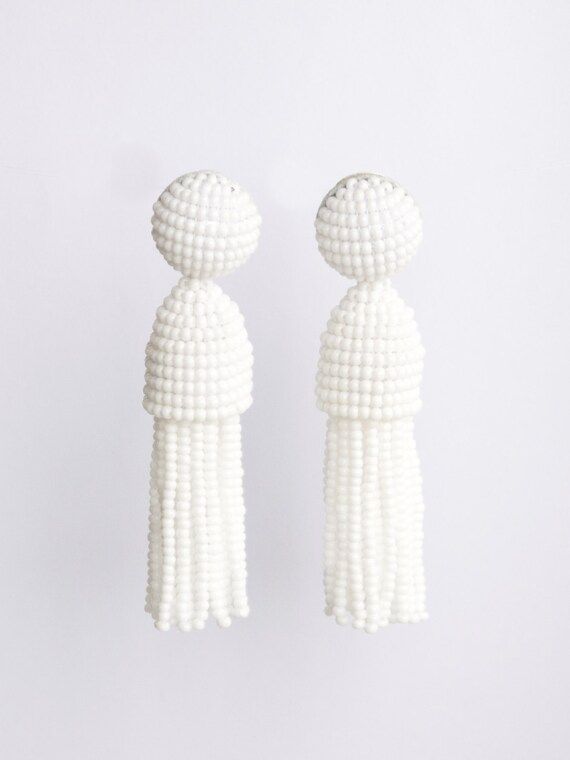 Whitest white beaded short tassel clip on earrings, Oscar De La Renta style, handmade, 3", enlarged  | Etsy (US)