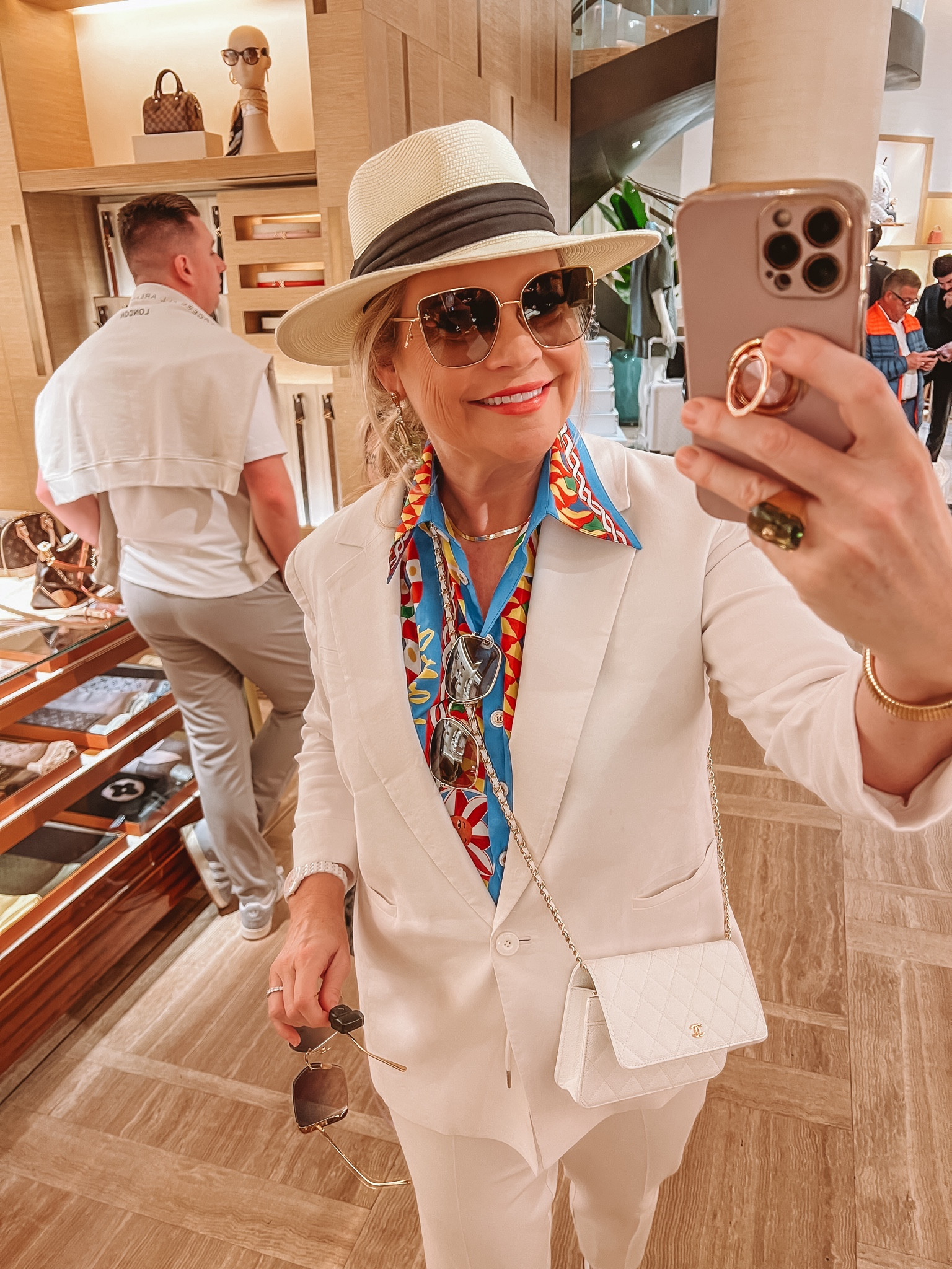 The perfect spring all white suit. Vacation outfit. Spring wear. White blazer. Summer hat. Dolce gabbana blouse. Luxury sunglasses. So fun! 

#LTKtravel #LTKeurope #LTKsalealert