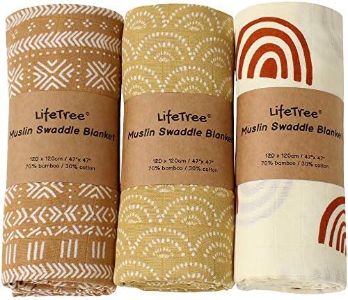 LifeTree 3 Pack Baby Swaddle Blankets - Soft Bamboo Cotton Muslin Swaddle Blankets - Earthy Color... | Amazon (US)