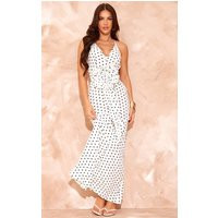 White Polka Dot Satin Rose Detail Maxi Dress | PrettyLittleThing US