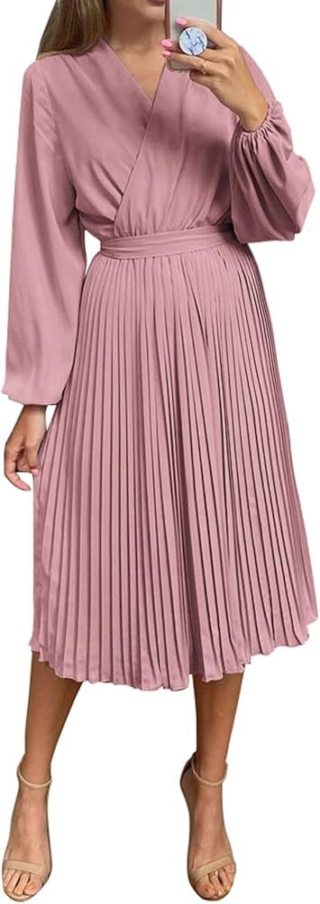 PRETTYGARDEN Women's Fall Midi Dress Long Puff Sleeve Wrap V Neck Flowy Ruffle Pleated Casual Dre... | Amazon (US)