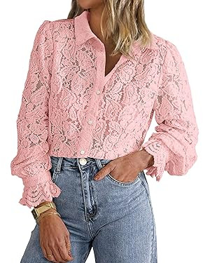 BTFBM Long Sleeve Lace Blouses for Women 2025 Spring Dressy Casual Button Down Shirts Date Night ... | Amazon (US)