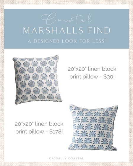 Don't overlook Marshalls (and T.J. Maxx) for high-quality pillows! This linen block print pillow (with a removable cover) is priced at just $30 and it's so similar to this $178 linen pillow! Just swap a feather insert into the Marshalls pillow and you'll get the exact same look for a fraction of the price! 
-
home decor, decor under 50, home decor under $50, coastal spring decor, spring decor under $50, spring decorations, spring home decorations, coastal decor, beach house decor, beach decor, beach style, coastal home, coastal home decor, coastal decorating, coastal interiors, coastal house decor, home accessories decor, coastal accessories, beach style, blue and white home, blue and white decor, neutral home decor, neutral home, natural home decor, designer look for less, designer looks for less, designer dupe, marshalls home decor, tj maxx home decor, block print pillows, linen pillows, linen pillow covers, 20"x20" pillows, living room decor, coastal living room

#LTKunder50 #LTKhome #LTKstyletip