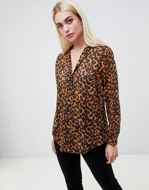 ASOS DESIGN longline sheer blouse in leopard animal print with long sleeve | ASOS US