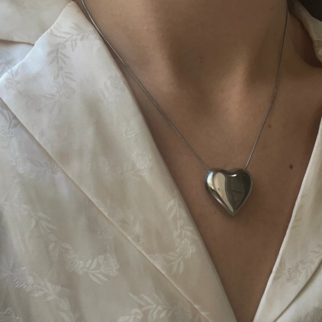 Big Heart Necklace Puffed Heart Pendant Snake Chain Stainless - Etsy | Etsy (US)