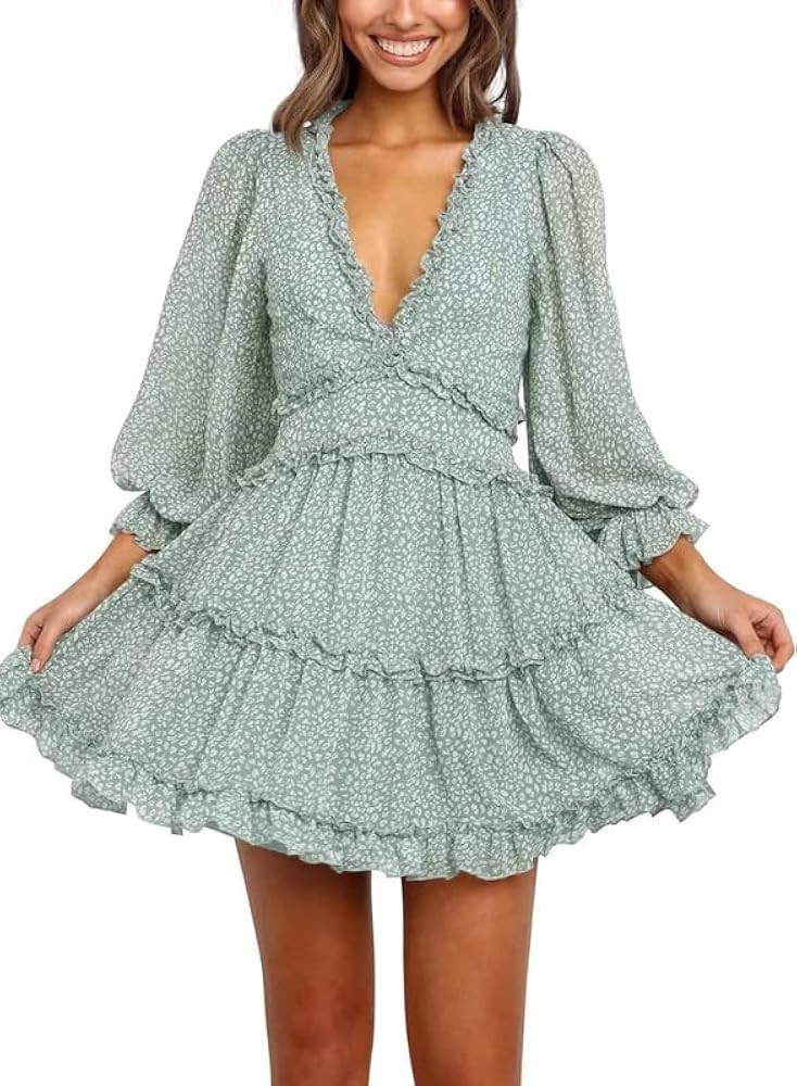 Dokotoo Womens 2024 Spring Summer Deep V Neck Ruffle Floral Flowy Mini Dress | Amazon (US)