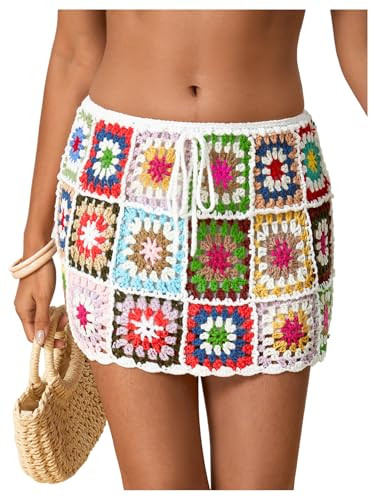 MakeMeChic Women's Crochet Skirts Tie Front Summer Beach Cover Up Floral Mini Skirt | Amazon (US)