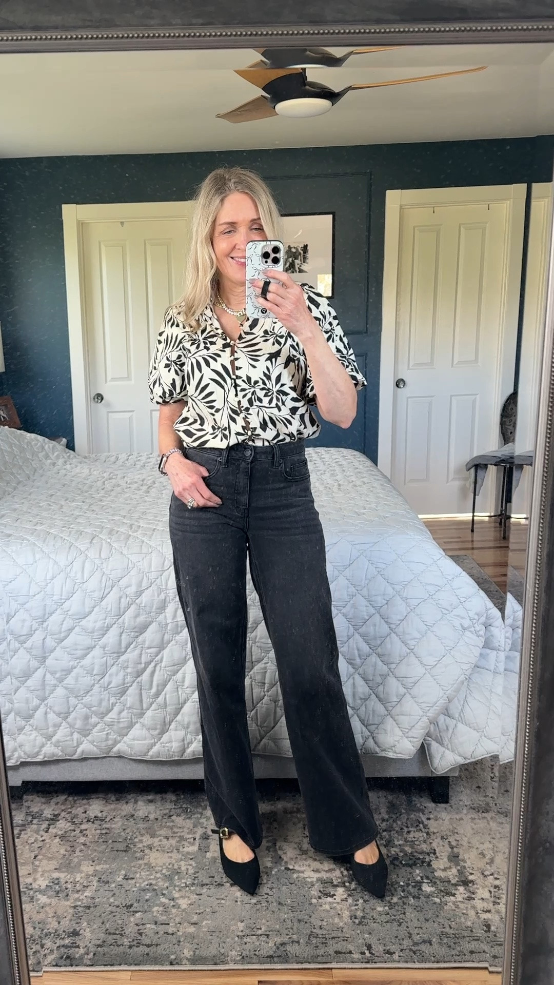 Black and white outfit idea. Tropical top from @Gibsonlook, black denim from @Quince both run true to size.

Workwear, teacher outfit, business casual outfit, style over 40, style over 50, transition outfit, affordable fashion, mom looks, Quince denim

#LTKootd #LTKgrwm #LTKOver40