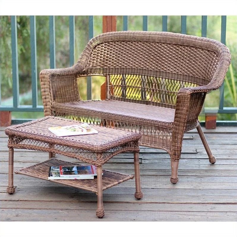 Jeco Wicker Patio Love Seat and Coffee Table Set in Honey without Cushion | Walmart (US)