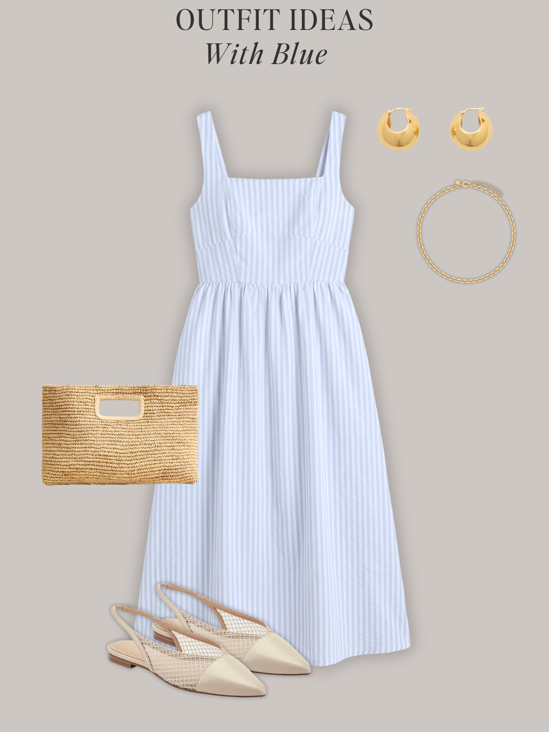 8 outfit ideas with light blue For summer ✔️ All-non light blue color clothes, shoes and accessories are in the Minimal Chic Summer 2026 capsule wardrobe.  

button vest, tailored shorts, slide sandals, sleeveless top, white midi skirt, slingback flats, blue button-down shirt, bermuda shorts, thong sandals, striped vest, linen shirt, tailored pants, white tee, black skirt, straw raffia sandals, tank dress, linen blazer, polo top

#quietluxury #styleguide #effortlesschic #lightblue #summeroutfits 

 