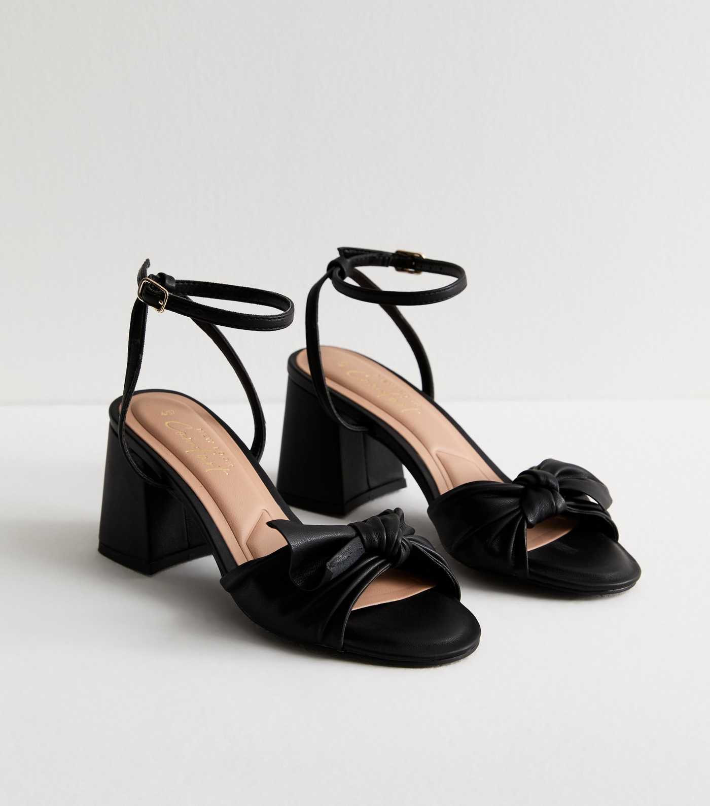 Black Leather-Look Bow-Trim Block-Heel Sandals  | New Look | New Look (UK)