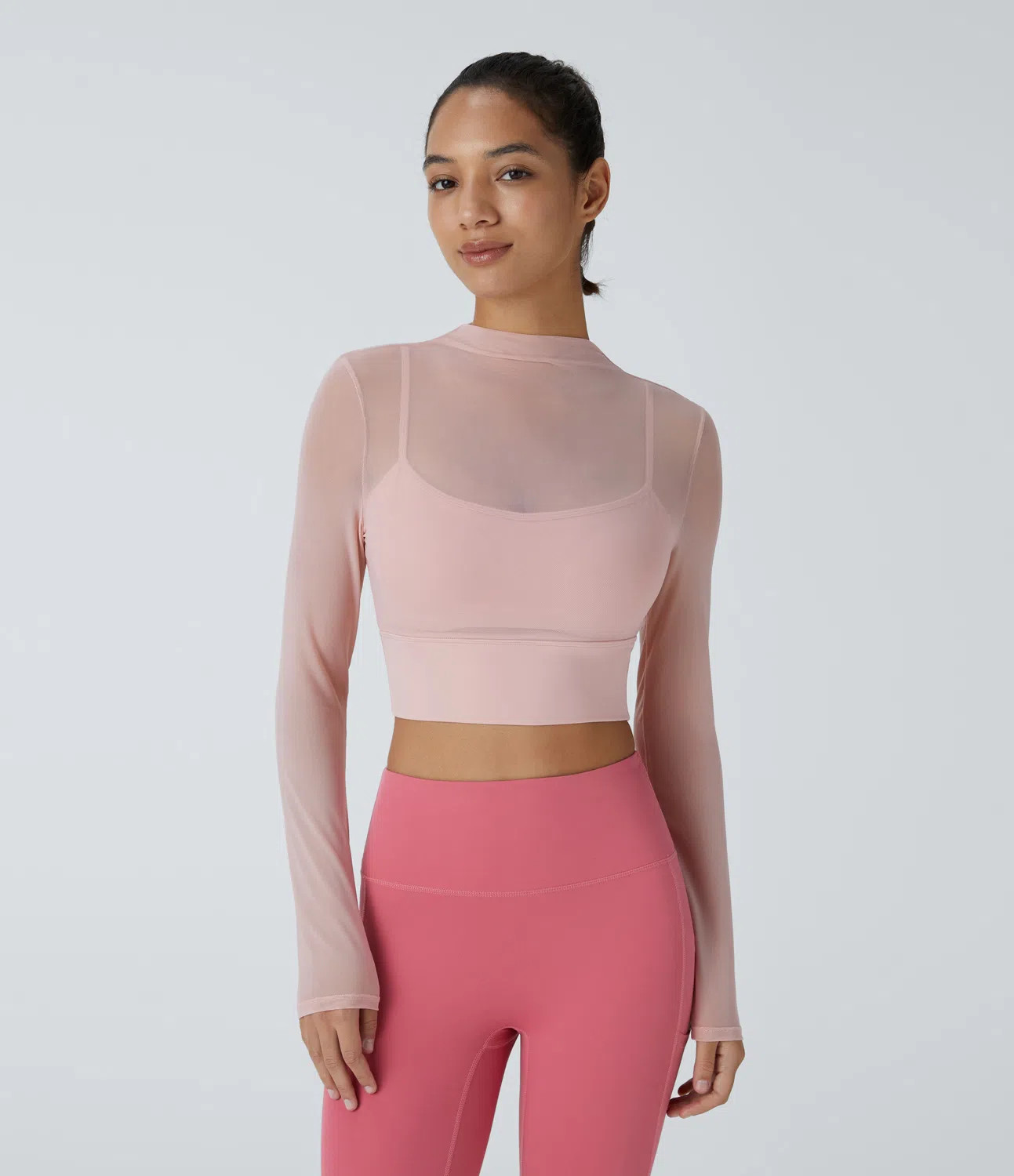 Women’s Contrast Mesh Long Sleeve 2-in-1 Cropped Yoga Sports Top - Halara | HALARA