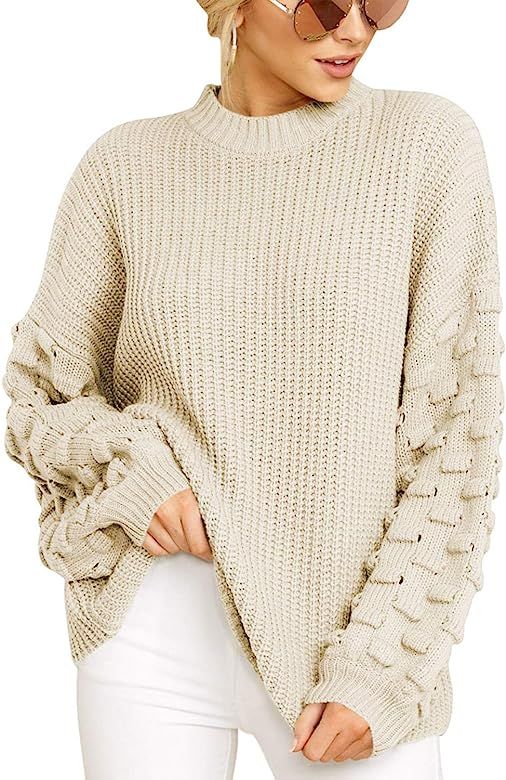 Women's Casual Cute Oversized Crewneck Loose Fitting Chunky Knit Pullover Sweater | Amazon (US)