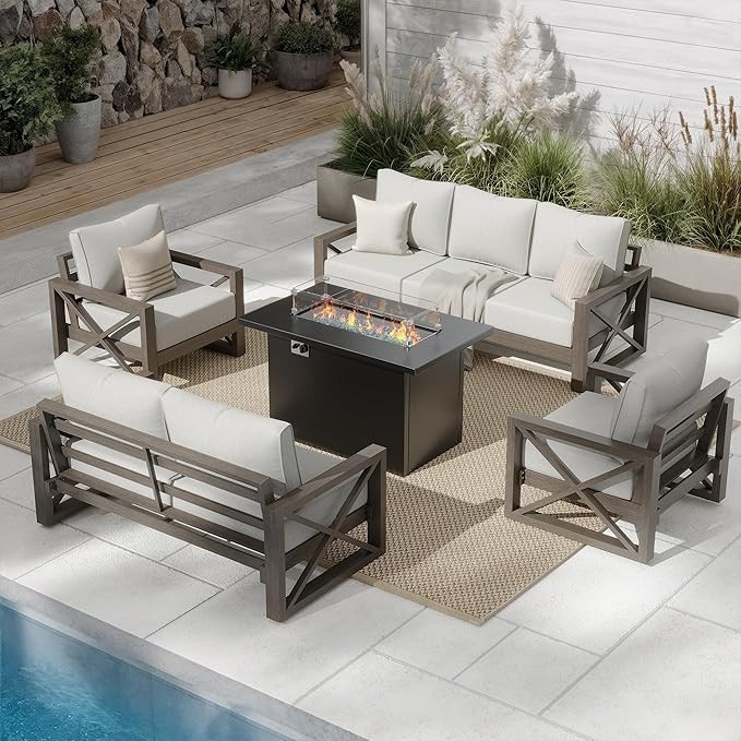 UDPATIO 5 Piece Aluminum Patio Furniture Set with Fire Pit Table, Faux Wood Patio Conversation Se... | Amazon (US)