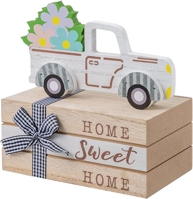 DECSPAS Spring Decor, Wood White Car and Book Blocks Spring Decorations for Home, Spring Flowers ... | Amazon (US)