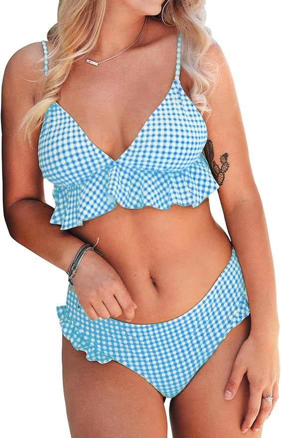 CUPSHE Women's Bikini Swimsuit Ruffle V Neck Two Piece Bathing Suit | Amazon (US)