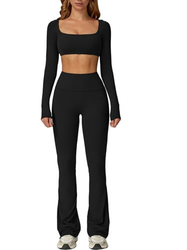 ABOCIW Workout Sets for Women 2 Piece Square Neck Long Sleeve Workout Crop Top Scrunch Butt Lifting High Waist Flare Leggings Bootcut Yoga Pants Outfit Y-Black Medium | Amazon (US)