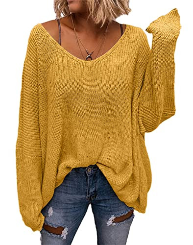 BZB Women's V Neck Long Sleeve Knit Loose Oversized Pullover Sweater Top | Amazon (US)