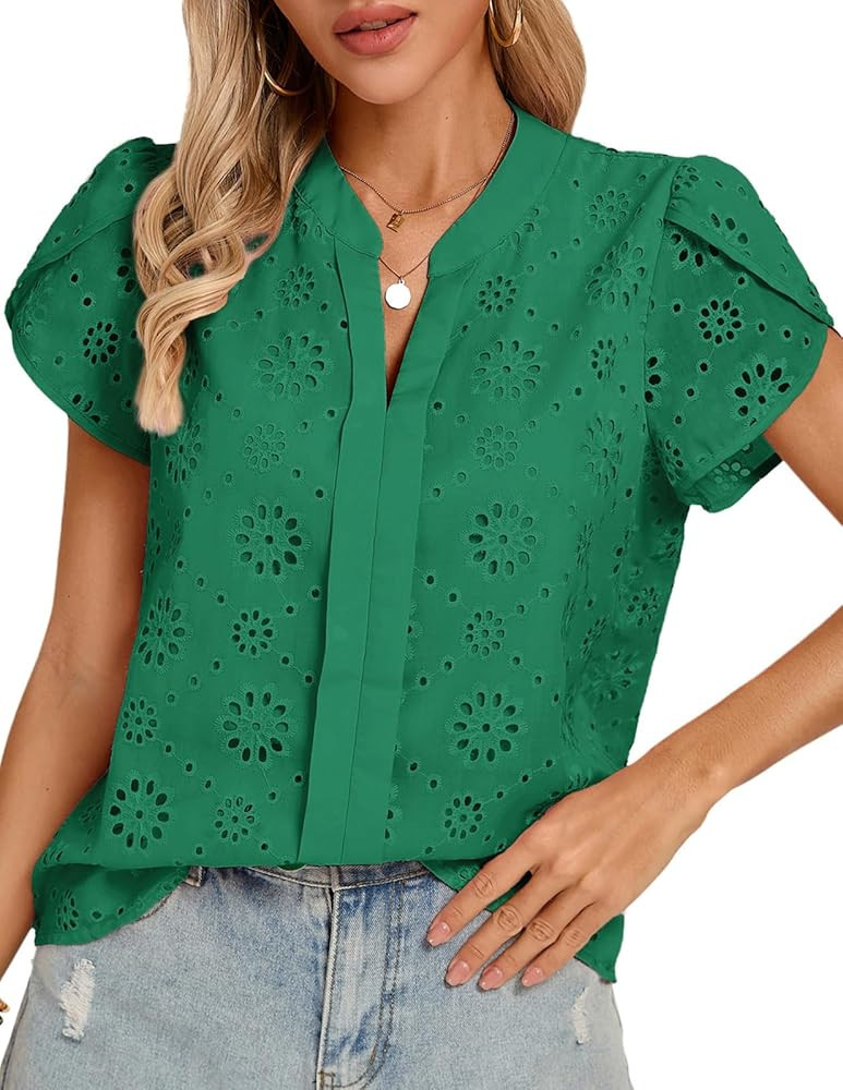 Kate Kasin Women Eyelet Spring Summer Tops, Dressy Casual Petal Short Sleeves Shirts, V Neck Lace... | Amazon (US)