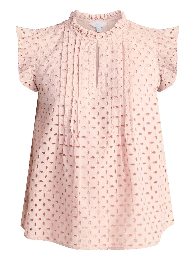 Time and Tru Women's Cotton Eyelet Top with Short Flutter Sleeves, Sizes XS-XXXL | Walmart (US)