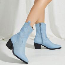 Blue Denim Embroidered Side Zipper High Heel Chunky Cowboy Boots Western Style Fashion Boots For Women Random Embroidery And Grain Pattern | SHEIN