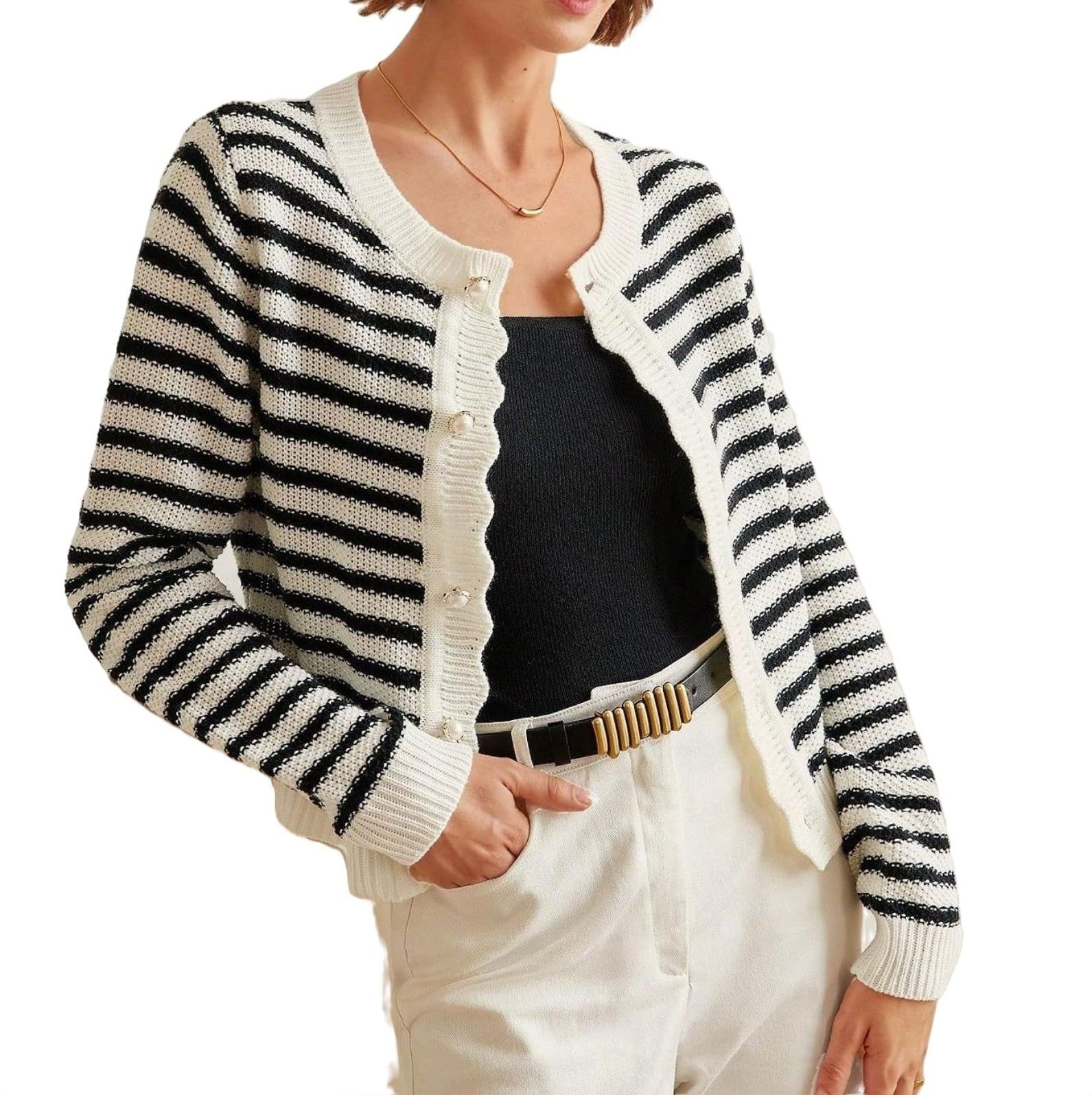 Casual Striped Round Neck Long Sleeve Black and White Women Cardigans (Women's) | Walmart (US)