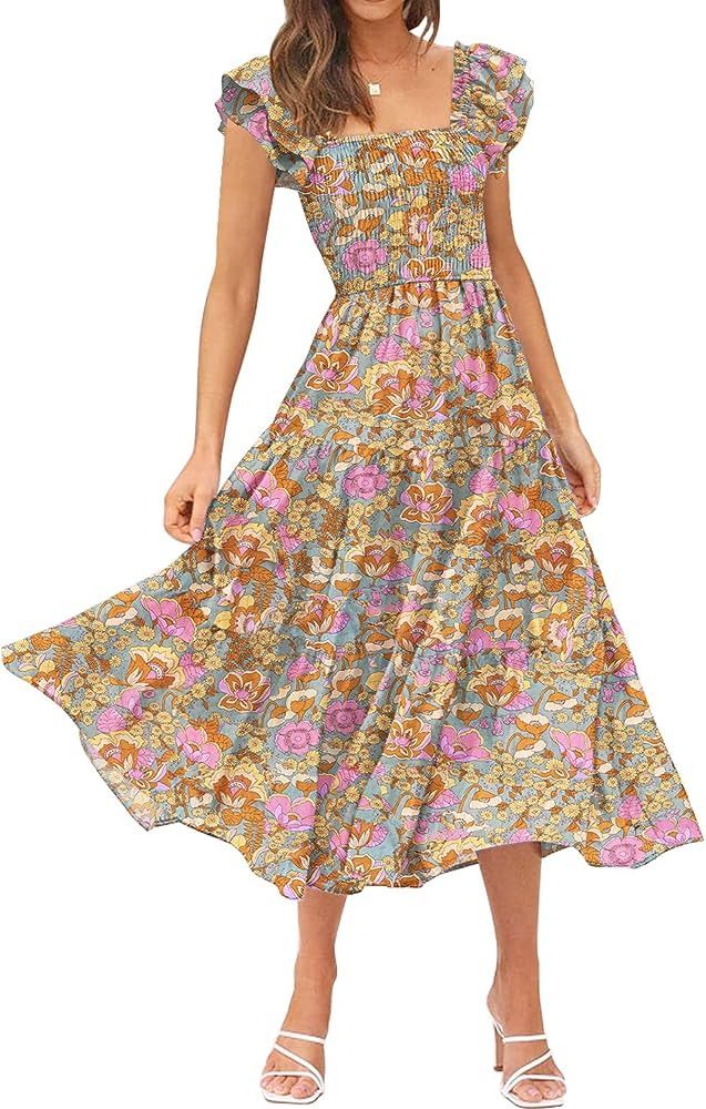 DOROSE Women's Summer Floral Dress Square Neck Smocked Boho Midi Dress Ruffle Tie Back Flowy Beac... | Amazon (US)