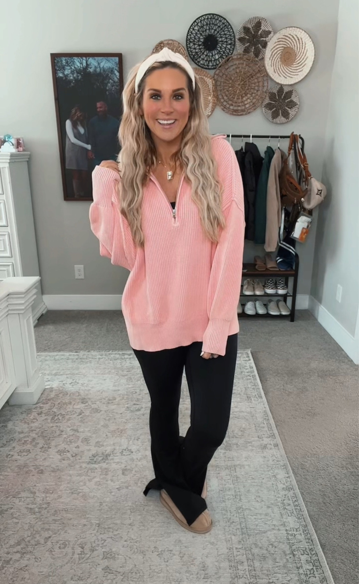 AE is crushing it with the comfy clothes game! I love this pink salmon half zip sweater paired with these black flare leggings. Perfect athleisure wear for running errands or lounging around the house. Mom outfit, cozy outfit, American Eagle outfit.

#LTKfitness #LTKSeasonal #LTKfindsunder50