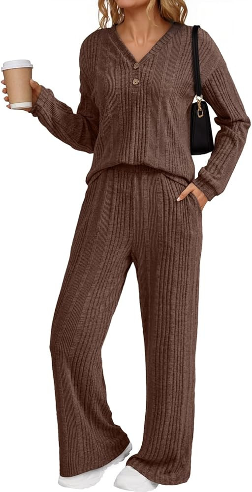 Dokotoo 2 Piece Lounge Sets for Women Ribbed Knit Button V Neck Long Sleeve Tops Matching Pants P... | Amazon (US)