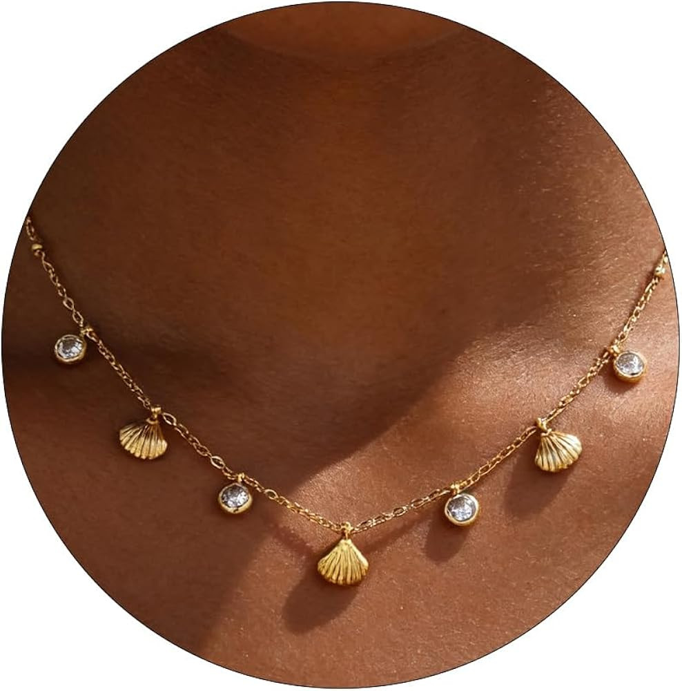 Gold Necklaces for Women 18K Gold Plated Diamond Choker Necklace Dainty Star Flower Shell Dragonf... | Amazon (US)
