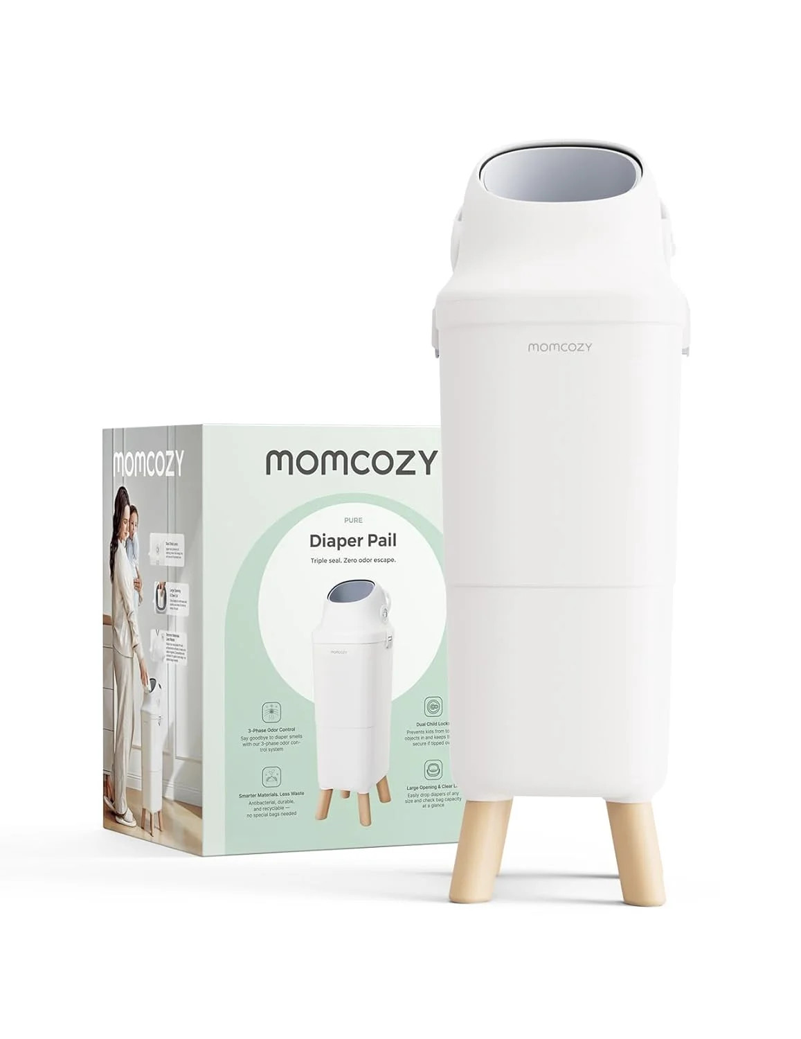 Momcozy Diaper Pail with Patented Triple-Seal Odor Control, Wide Opening, Ergonomic Height, Large Capacity with Viewing Window, Childproof Lock, Fits Standard Trash Bags | Walmart (US)