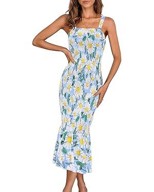 PRETTYGARDEN Women's Summer Floral Midi Tank Dress Sleeveless Strappy Ruffle Hem Smocked Bodycon ... | Amazon (US)