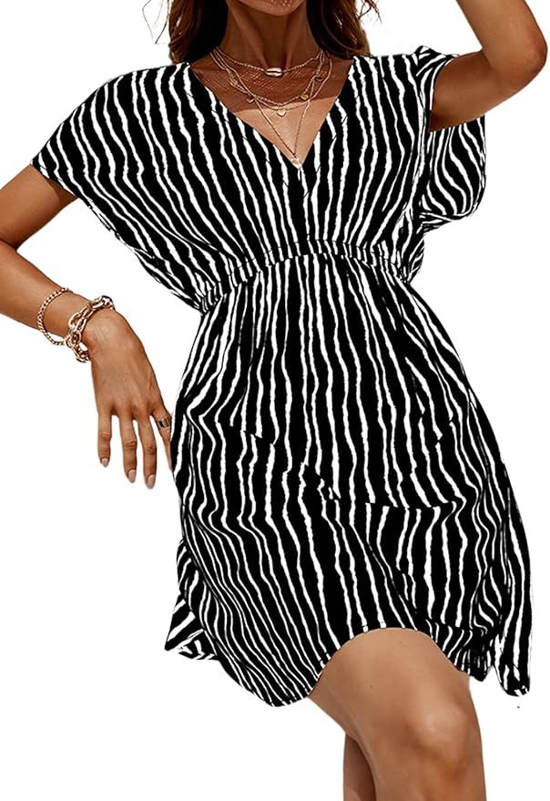 CUPSHE Women's Dress V Neck Elastic Waisted Cover Up Set Short Sleeve Pull Over Mid Length Dress | Amazon (US)