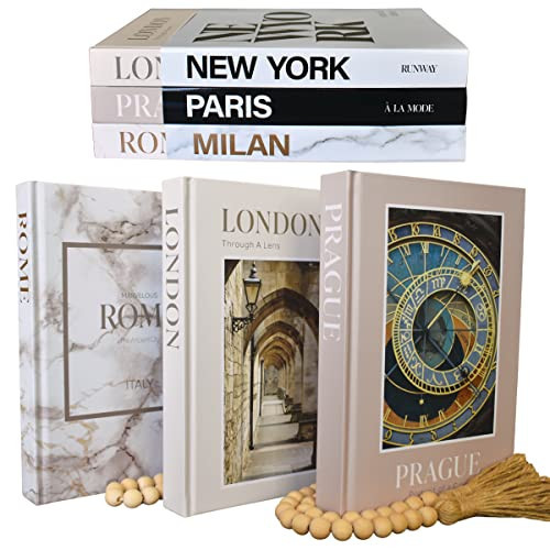 Decorative Books with Blank Pages, Removable Dust Covers, Wooden Bead Garland and Twine - 7 Pieces (Cream) - Neutral and Modern Decorative Book Stack for Home Decor - Fashion Designer Display Books | Amazon (US)