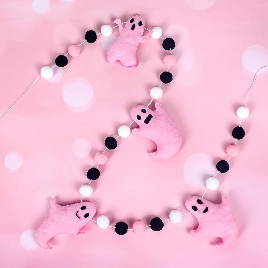 Whaline 6.6Ft Halloween Felt Banner Cute 3D Pink Ghost Hanging Garland Black Pink White Pom Ball ... | Amazon (US)