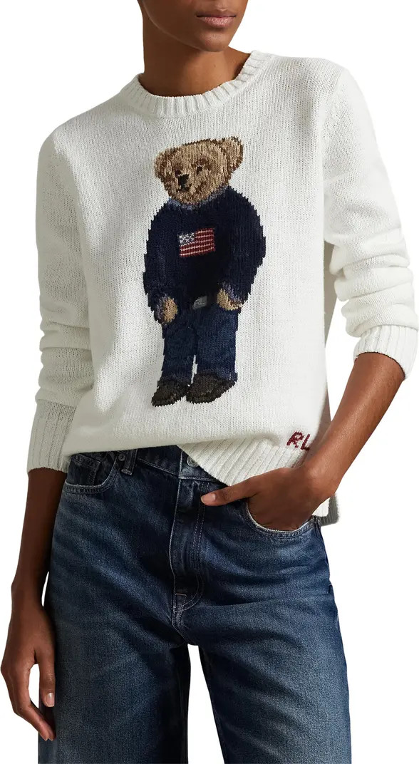 Polo Ralph Lauren Polo Bear Embroidered Linen & Cotton Crewneck Sweater | Nordstrom | Nordstrom