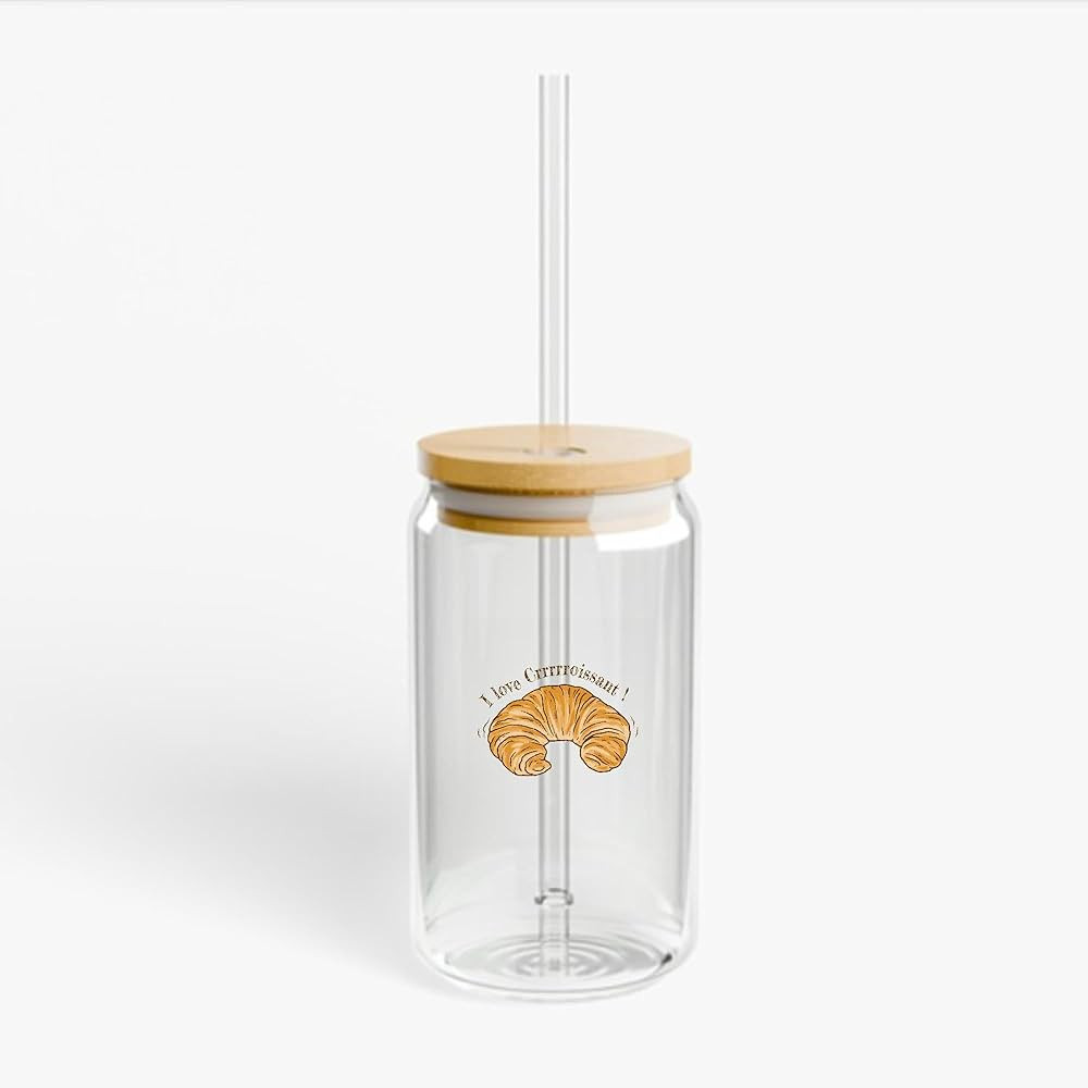 Amazing Gift Idea Biscuit I Love Croissant 16Oz Glass Can with Lid and Straw | Amazon (US)