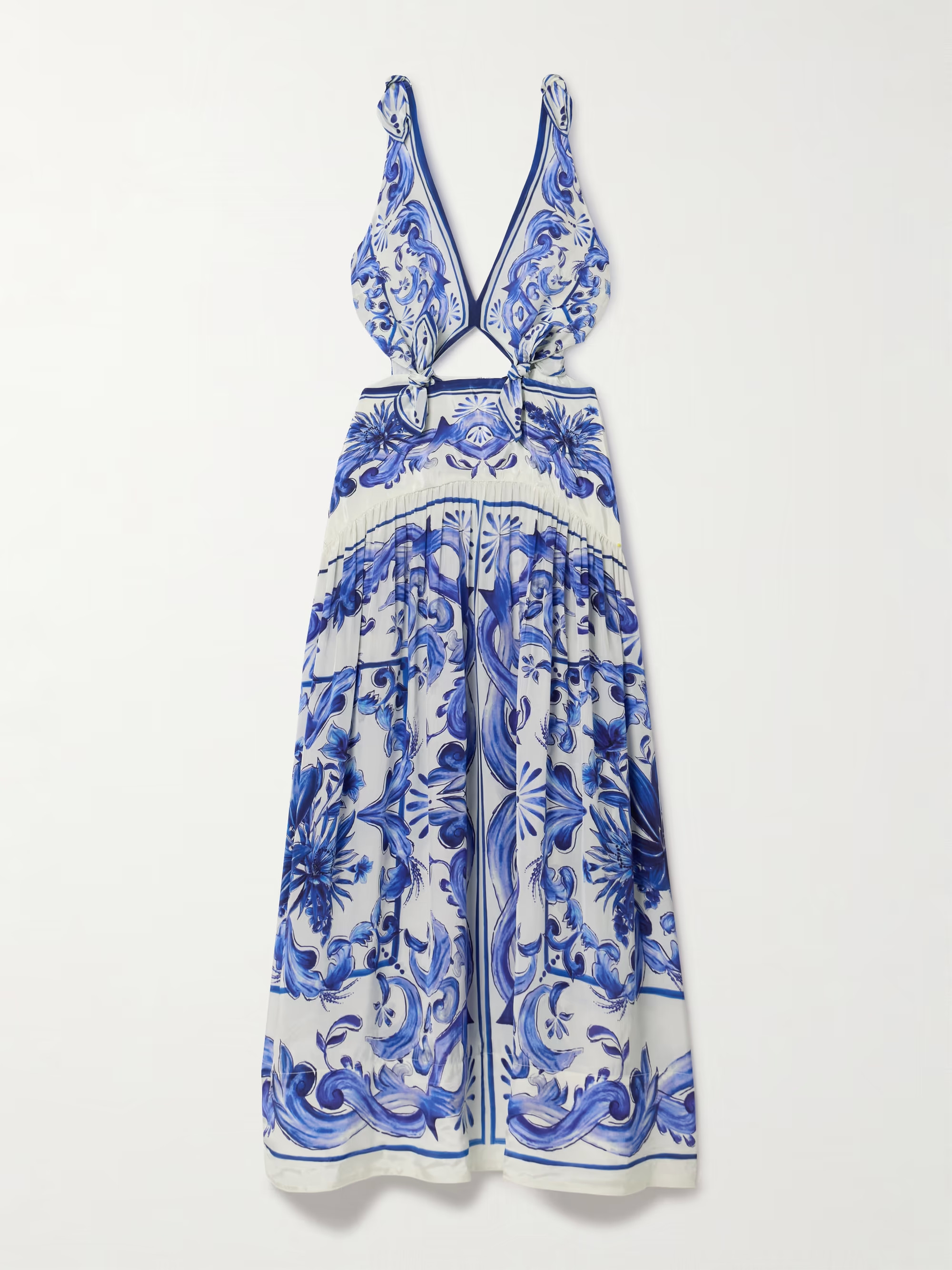 Garden Tiles cutout gathered printed satin midi dress | NET-A-PORTER (US)