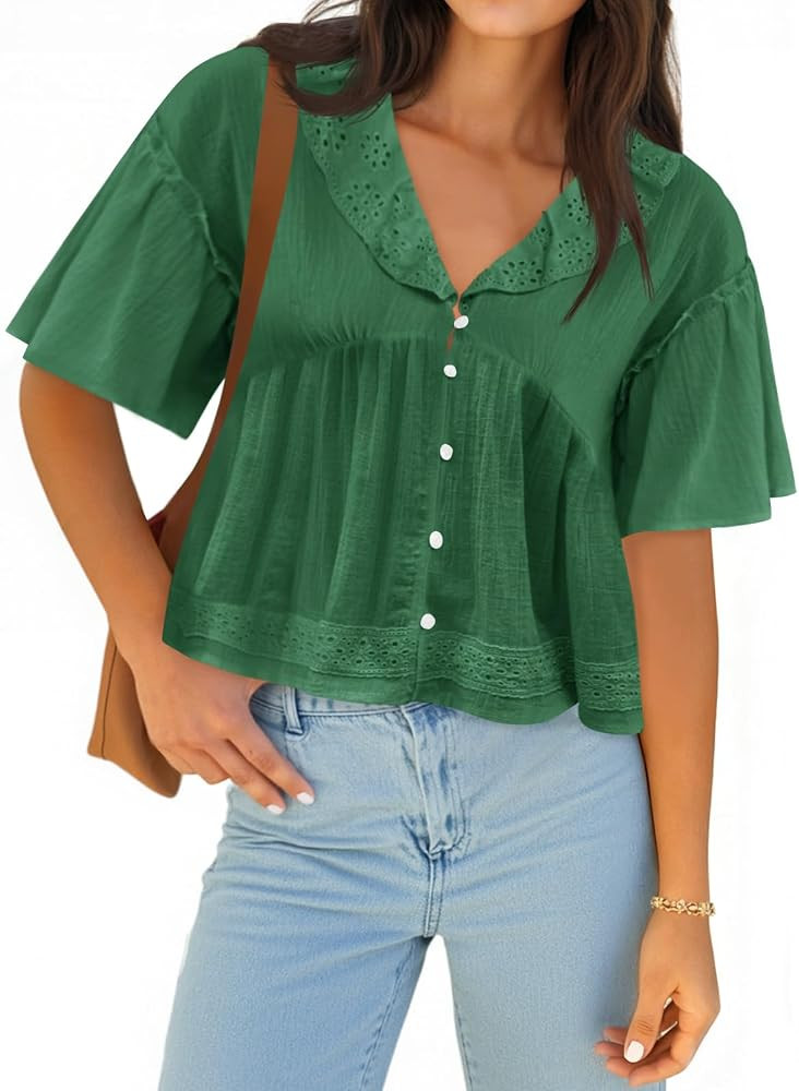 Cicy Bell Womens Cropped Babydoll Tops Summer Eyelet V Neck Short Sleeve Cute Blouses Ruffle Shir... | Amazon (US)