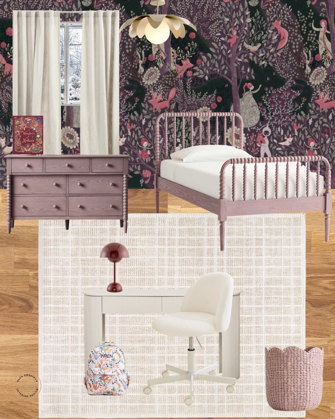 Whimsical kids bedroom! I love this wallpaper from Spoonflower, new purple bed and dresser from Crate & Barrel. White desk and white chair. Neutral rug from Wayfair. #kidsbedroom #homedecor

#LTKKids #LTKSeasonal #LTKHome