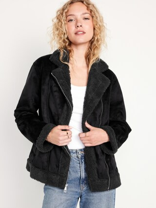 Faux-Suede Sherpa-Lined Moto Jacket for Women | Old Navy (US)