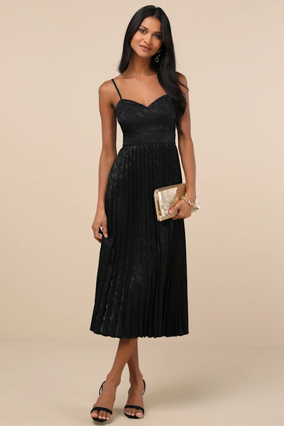 Regal Romance Black Floral Jacquard Pleated Satin Midi Dress | Lulus