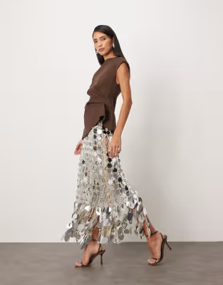 ARRANGE futurist sequin fringe hem midi skirt in silver | ASOS (Global)