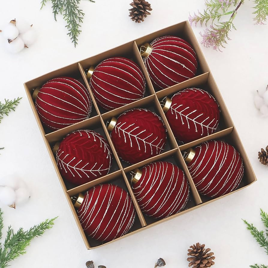 4inch Velvet Ornaments for Christmas Tree, 9PCS Glitter Flocked Christmas Ornaments Decorations B... | Amazon (US)