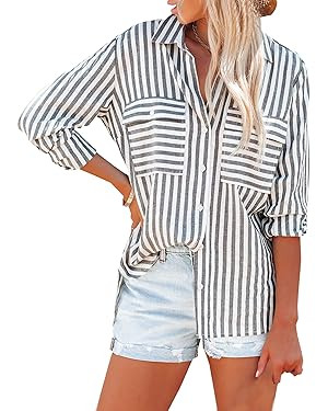 OMSJ Women's Striped Button Down Shirts Casual Long Sleeve Stylish V Neck Blouses Tops with Pocke... | Amazon (US)