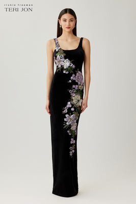 Velvet Gown with Sequin Floral Trim | TERI JON