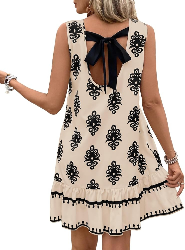 MITILLY Women's Summer Casual Floral Boho Sundresses Crew Neck Backless Printed Beach Ruffle Hem ... | Amazon (US)