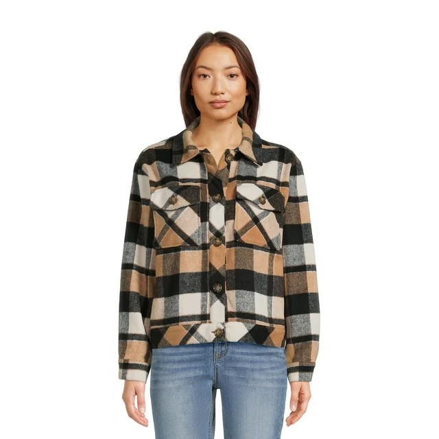 Time and Tru Women’s Plaid Button Down Cropped Shacket, Sizes XS-XXXL - Walmart.com | Walmart (US)